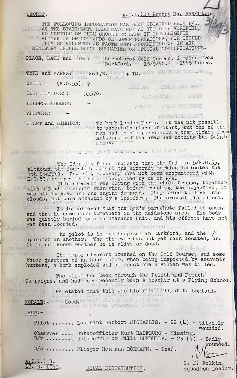 The Intelligence report of the bringing down of Kurt Hausberg’s Dornier prepared by Denys Felkin, the father of Stansted resident, Anne Walton.